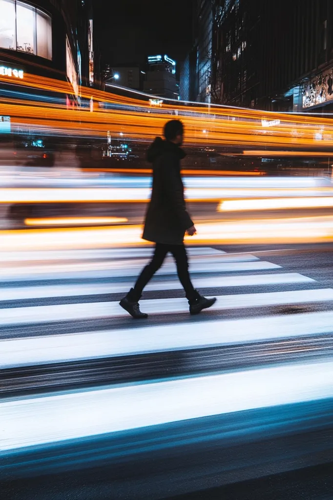 A person walks across a pedestrian crossing at night in a bustling city.  The image uses long exposure photography, creating streaks of light from passing vehicles, blurring them into vibrant orange and blue trails.  The pedestrian is sharply defined against the motion-blurred background, emphasizing the contrast between stillness and the city's dynamic energy. The scene is set against the backdrop of tall buildings and illuminated storefronts.