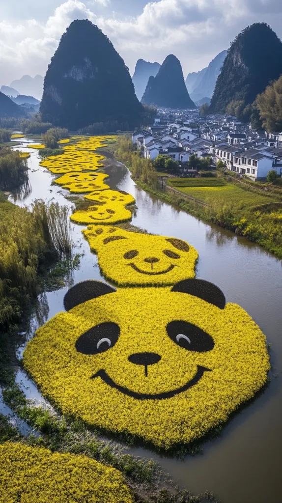 A river flows through a picturesque village nestled among karst mountains.  The river's banks are adorned with a whimsical display: a series of smiling panda faces meticulously crafted from vibrant yellow flowers. The cheerful scene contrasts the serene natural beauty of the surrounding landscape, creating a unique and captivating image.