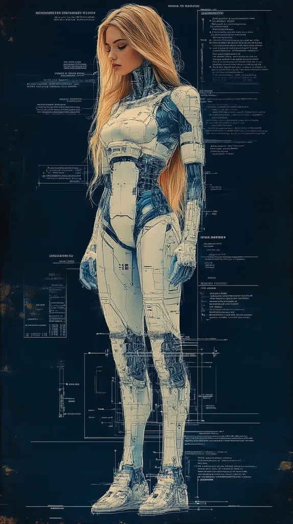 The image showcases a female cyborg with long blonde hair, depicted in a stylized, blueprint-like design.  Her body is translucent, revealing intricate internal mechanisms.  Technical diagrams and specifications surround her, emphasizing her robotic nature. The overall aesthetic is futuristic and blends elements of science fiction and technical illustration.  The color palette is primarily dark blue with light beige and white accents.