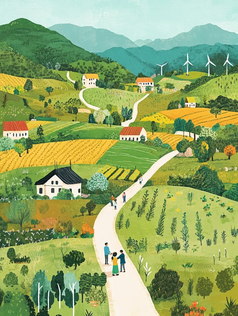 A charming illustration depicts a picturesque countryside scene. Rolling green hills dotted with quaint houses and vibrant farmlands stretch towards distant mountains.  A winding road meanders through the landscape, with small groups of people strolling along it. Wind turbines subtly punctuate the horizon, suggesting a harmonious blend of nature and renewable energy. The overall style is idyllic and peaceful.