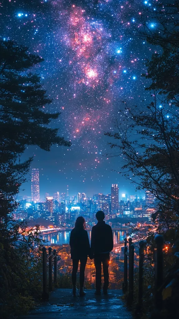 A romantic silhouette of a couple holding hands overlooks a glittering cityscape at night.  The breathtaking view is enhanced by a vibrant, star-filled sky, showcasing a stunning galaxy above the city lights.  Trees frame the scene, adding depth and a sense of peaceful seclusion to this magical moment.  The image evokes feelings of love, wonder, and connection under a celestial expanse.