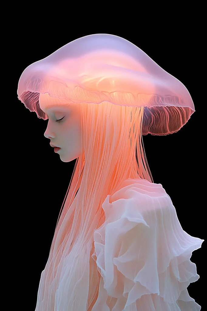 A digital artwork depicts a serene woman with flowing, translucent hair resembling a jellyfish's tentacles.  Her pale skin and closed eyes convey a peaceful expression. She's dressed in a delicate, ruffled white gown that mirrors the jellyfish's ethereal quality. The overall palette is soft pinks and whites, set against a stark black background, creating a captivating, dreamlike image.