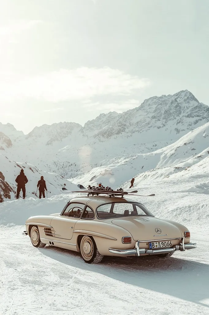 A classic beige Mercedes-Benz 300 SL Gullwing sits on a snowy mountain road, skis secured to its roof rack.  Three figures are visible in the distance, dwarfed by the towering snow-capped peaks. The scene evokes a sense of serene adventure and timeless elegance against a backdrop of pristine winter landscape.  The car's license plate is visible.