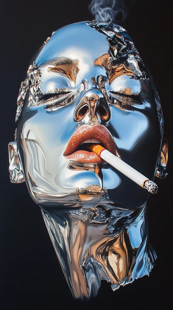 A hyperrealistic painting depicts a woman's face, seemingly sculpted from polished chrome, with eyes closed.  A cigarette hangs from her lips, smoke curling upward.  The metallic surface reflects light, creating a striking contrast against the dark background.  Parts of the chrome appear fractured or melting, adding a surreal and slightly unsettling quality to the image.  The overall effect is one of both beauty and unease.