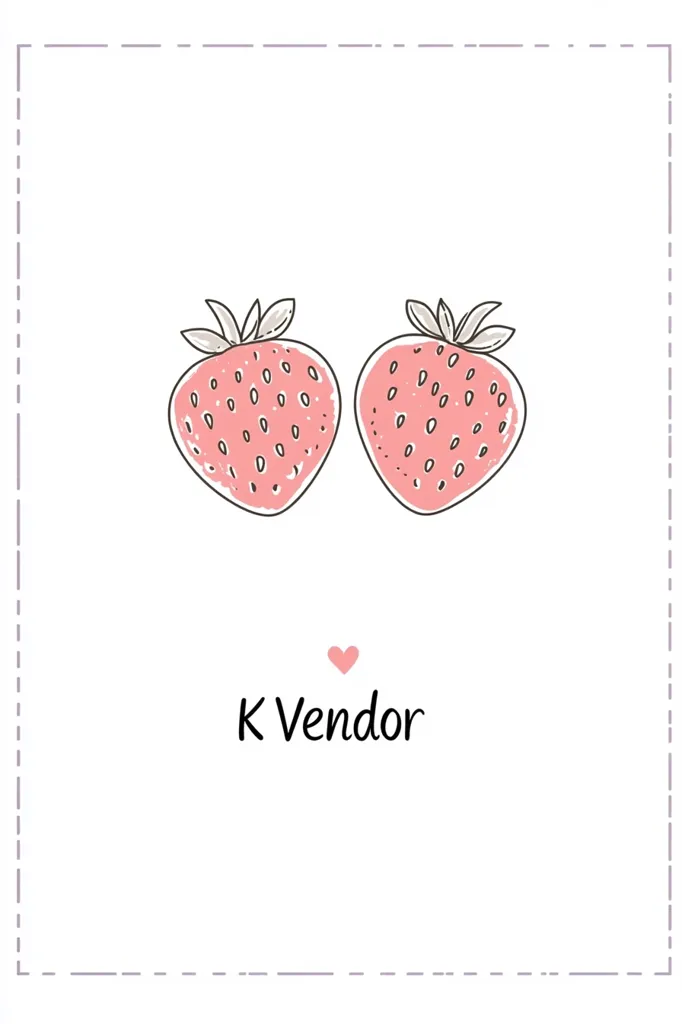 A simple, cute card features two hand-drawn strawberries in soft pink hues.  The strawberries are positioned side-by-side, with a small pink heart and the text "K Vendor" below.  The design is minimalist and uses a light color palette, creating a delicate and charming aesthetic.  The card is bordered by a dashed line.