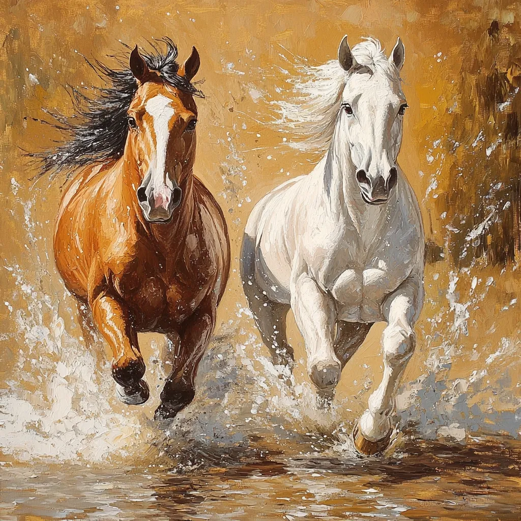 A vibrant oil painting depicts two horses, a chestnut and a white, galloping through shallow water.  The chestnut horse, with a dark mane and tail, leads the charge, followed closely by the powerfully built white horse. Both horses are captured mid-stride, splashing water as they race, set against a warm, golden background. The artist's attention to detail showcases the horses' musculature and the energy of their movement.