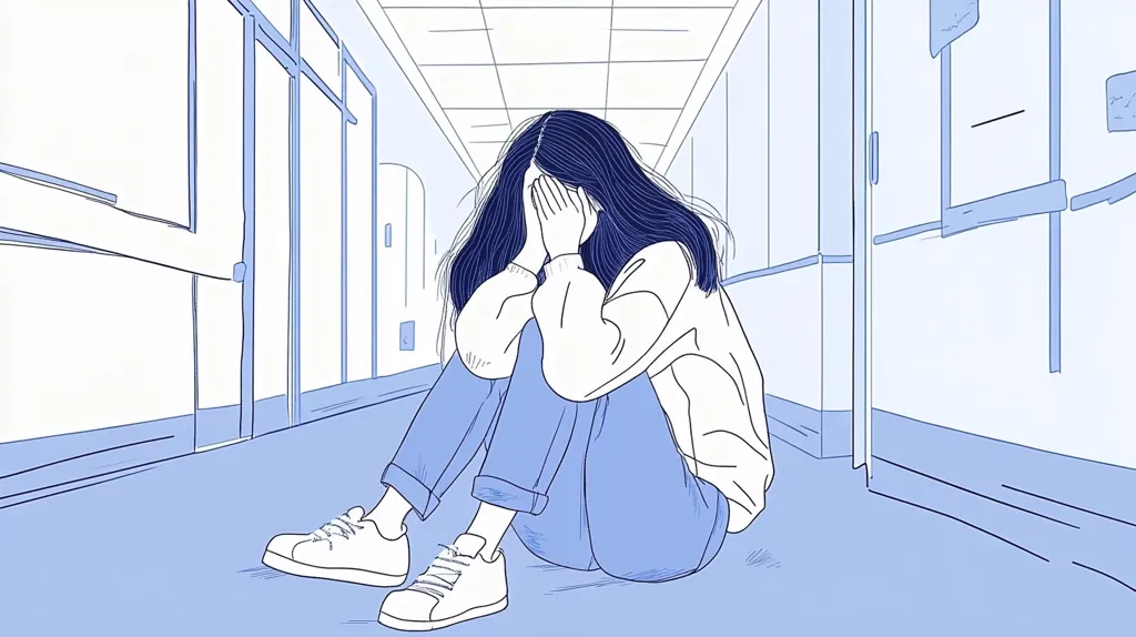 A minimalist illustration depicts a young woman with long dark hair sitting on the floor of a long hallway, her face hidden by her hands.  She's wearing a light-colored sweater and blue jeans, and white sneakers. The hallway is rendered in shades of light blue, creating a calm but somewhat melancholic atmosphere. The overall style is simple line art.