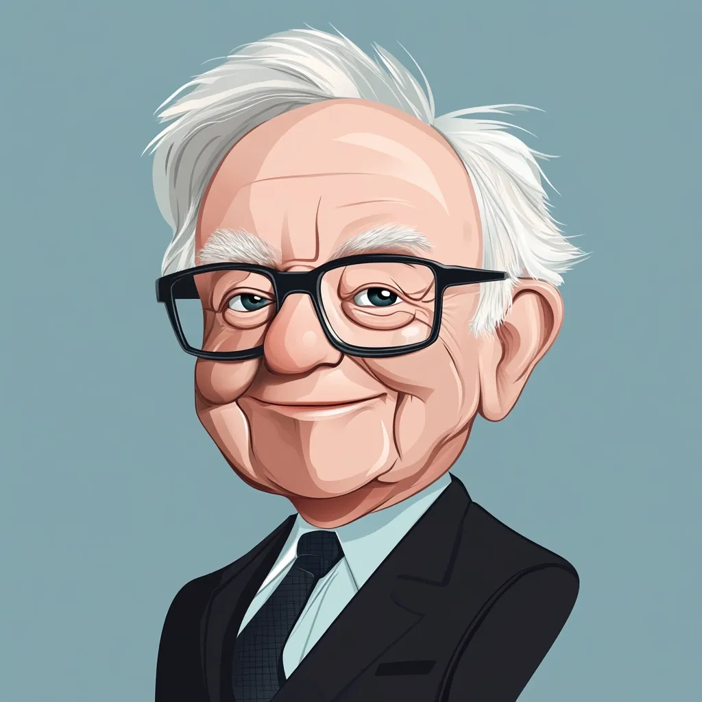 A stylized caricature of Warren Buffett, the renowned investor.  He is depicted as an older man with white hair, wearing dark-framed glasses and a dark suit and tie. His expression is pleasant and slightly mischievous, characteristic of his public persona.  The illustration uses bold lines and vibrant colors, creating a memorable and engaging portrait.