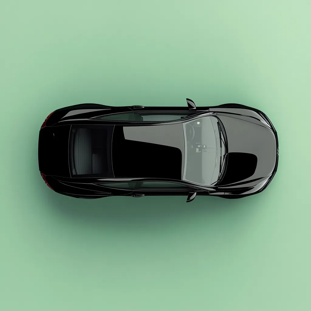 A sleek, black coupe is shown from a directly overhead perspective against a light green background.  The car's glossy finish reflects light, and its interior is partially visible through the windows. The image is clean and minimalist, emphasizing the car's design and shape.