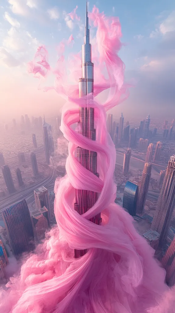 The Burj Khalifa, Dubai's iconic skyscraper, is dramatically enveloped in a swirling mass of vibrant pink fabric, resembling a massive, ethereal cloud.  The city skyline stretches out beneath, a contrast to the fantastical, almost dreamlike scene. The pink fabric creates a captivating visual, obscuring parts of the tower while accentuating its height against the soft, dawn-like sky.