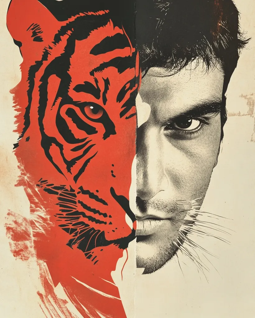 The artwork is a striking split-face portrait. One half depicts a stylized, vibrant red tiger's head, while the other half shows a man's face, rendered in shades of gray. The contrasting colors and styles create a powerful visual juxtaposition.  The tiger's intense gaze mirrors the man's serious expression, suggesting a duality of nature and human characteristics. The artwork's bold lines and textured background enhance its artistic impact.