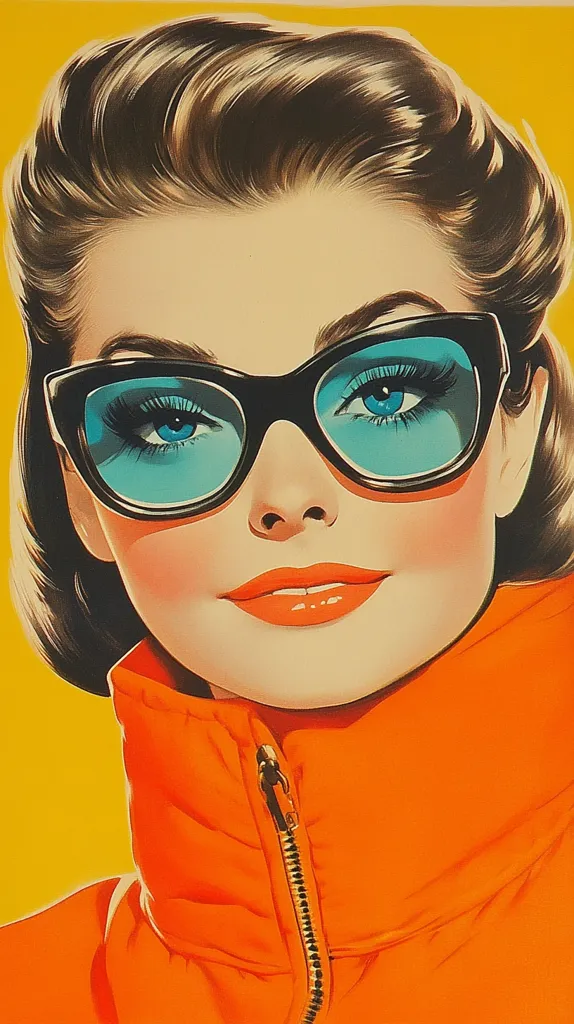 A stylized portrait of a woman with short, dark hair wearing oversized, teal-lensed sunglasses and a vibrant orange zip-up jacket.  Her expression is confident and subtly alluring. The artwork is bold and graphic, with saturated colors and smooth lines, reminiscent of mid-20th-century advertising art.  The bright yellow background further emphasizes the subject.