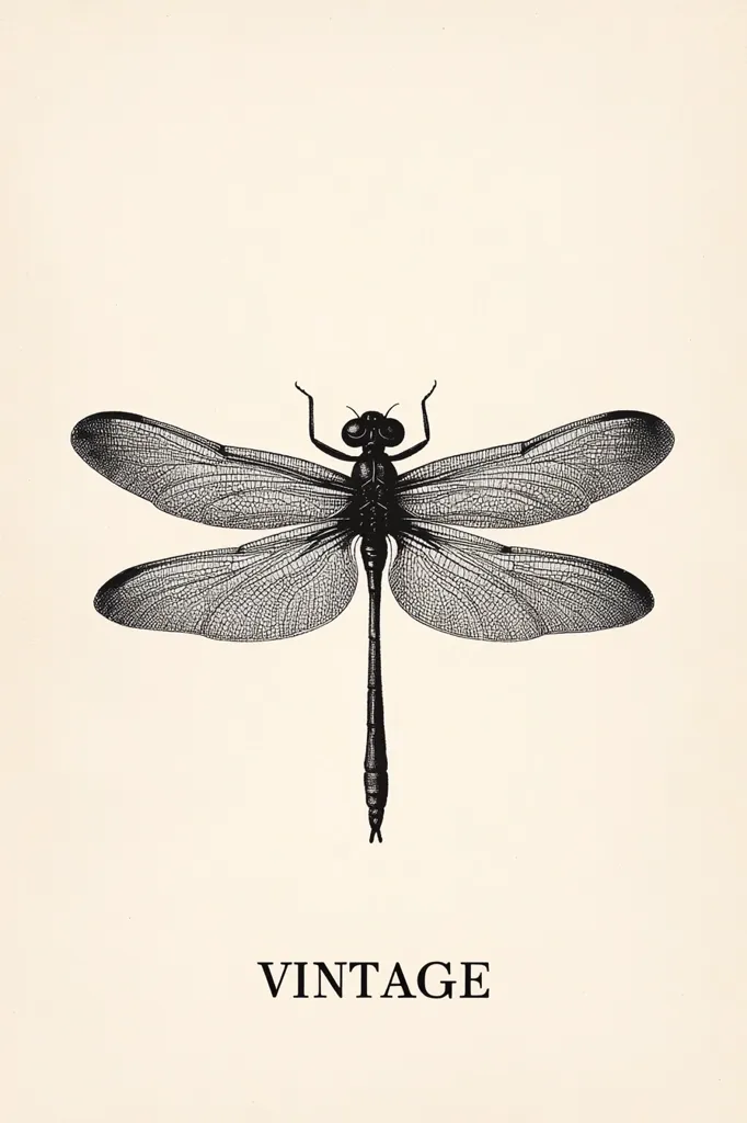 A vintage illustration of a dragonfly is presented against a cream-colored background.  The dragonfly is depicted in black ink, with detailed veining on its wings.  The image is simple and elegant, evoking a sense of nostalgia. The word "VINTAGE" is subtly placed at the bottom, reinforcing the artwork's style.