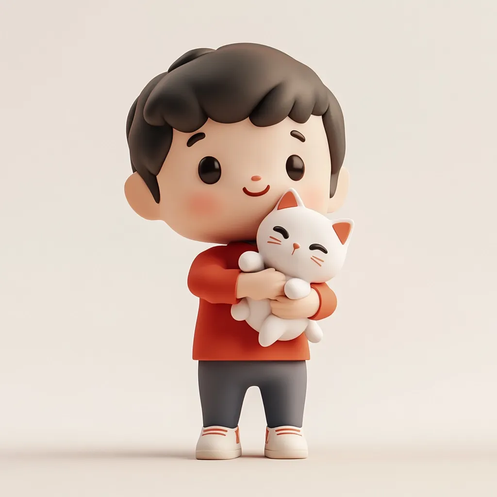 A cute 3D-rendered cartoon boy with dark hair and a cheerful expression is tenderly holding a small, white cat. The boy is wearing a rust-colored long-sleeved shirt and grey pants, and white sneakers.  The cat is nestled in his arms, appearing content and soft.  The overall style is charming and childlike, suggesting themes of friendship and affection.