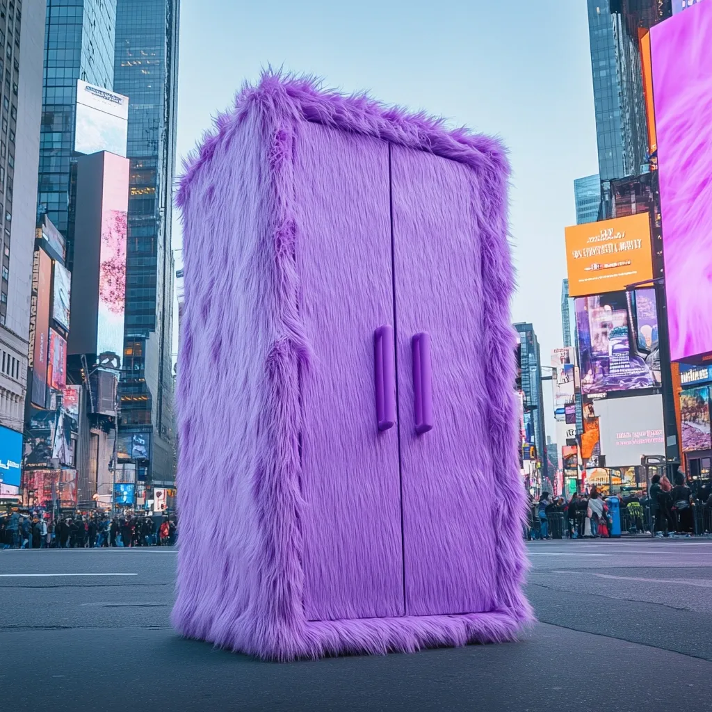 A large, fluffy purple wardrobe stands in the middle of a city street, possibly Times Square, New York City.  The wardrobe is entirely covered in long purple fur. Bright billboards and skyscrapers form a busy backdrop. The contrast between the whimsical wardrobe and the urban environment creates a striking visual.
