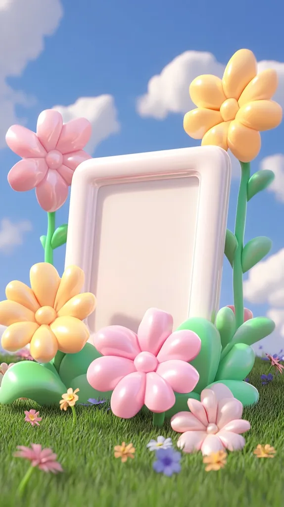 A blank white picture frame is nestled amongst oversized, pastel-colored cartoon flowers in a vibrant green grassy field under a bright blue sky with fluffy white clouds. The flowers are in shades of pink and yellow, adding a cheerful and whimsical touch to the scene.  The overall aesthetic is playful and sweet, ideal for a greeting card or springtime advertisement.