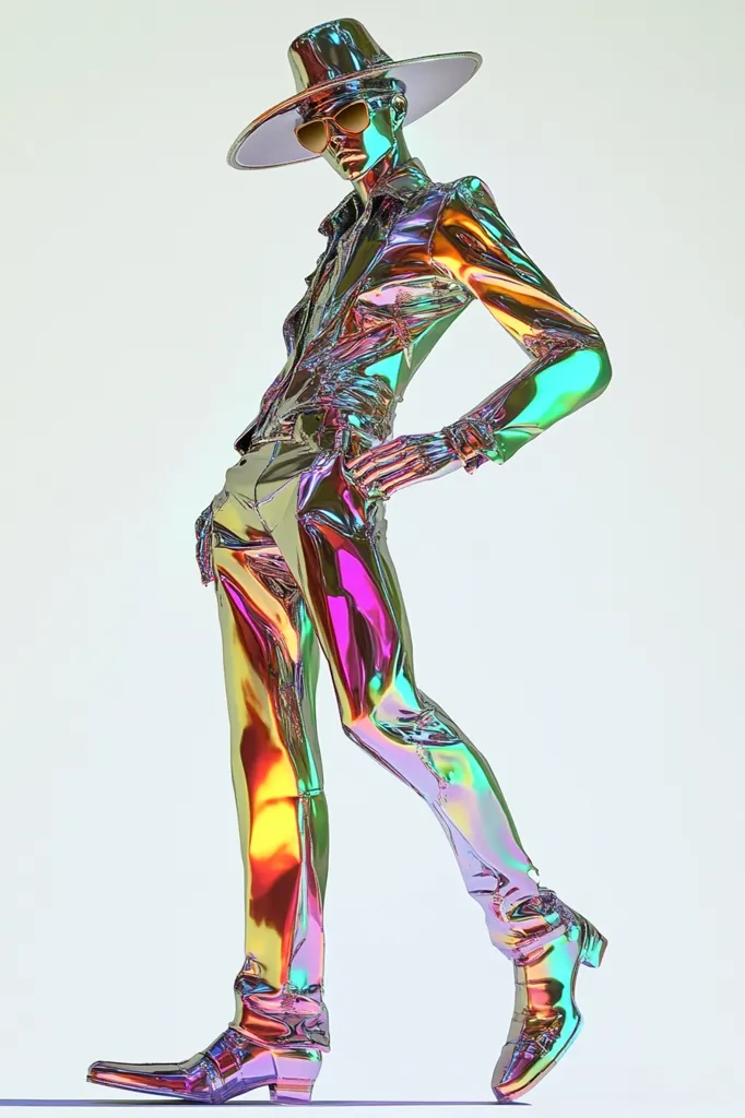 A digital rendering of a figure in a vibrant, iridescent outfit.  The model, wearing a wide-brimmed hat and sunglasses, is clad in a metallic, multicolored suit and boots. The clothing reflects a spectrum of rainbow hues, creating a striking, futuristic fashion statement. The pose is dynamic and confident, suggesting movement and style. The background is a simple, light neutral tone, focusing attention on the dazzling attire.