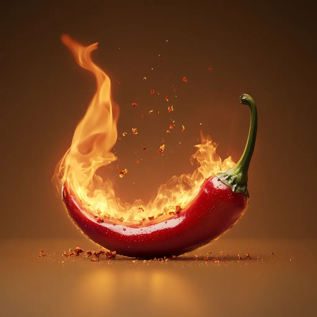 A vibrant red chili pepper is dramatically engulfed in flames, its fiery interior glowing intensely.  Bits of chili pepper are scattered around the base, adding to the dynamic visual. The image is set against a warm brown background, enhancing the fiery spectacle and creating a powerful, visually striking scene.  The overall effect is one of intense heat and spice.