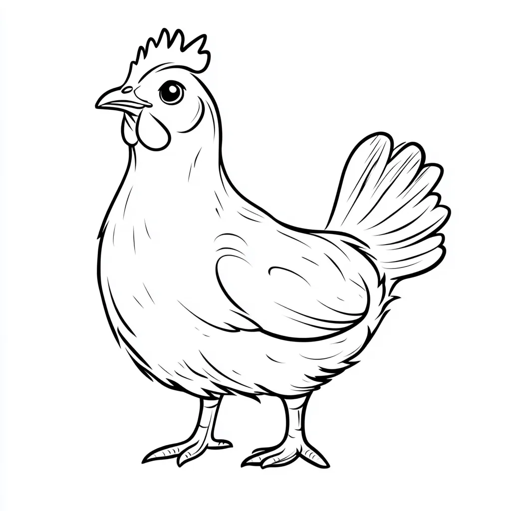 A line drawing of a hen is presented.  The hen is depicted in profile view, facing left, with detailed feathers indicated by hatched lines.  Its comb, wattle, and legs are clearly defined. The tail feathers are fanned out slightly, and the hen appears to be standing upright. The style is simple and clean, suitable for coloring or as a simple illustration.
