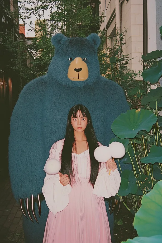 A young woman with long black hair stands behind a large, teal-colored bear statue. She's wearing a pink dress and holding two fluffy white pom-poms.  The scene is set in an alleyway with lush green foliage visible in the background. The image has a vintage, film-like quality. The contrast between the woman's delicate appearance and the bear's imposing size creates a striking visual.