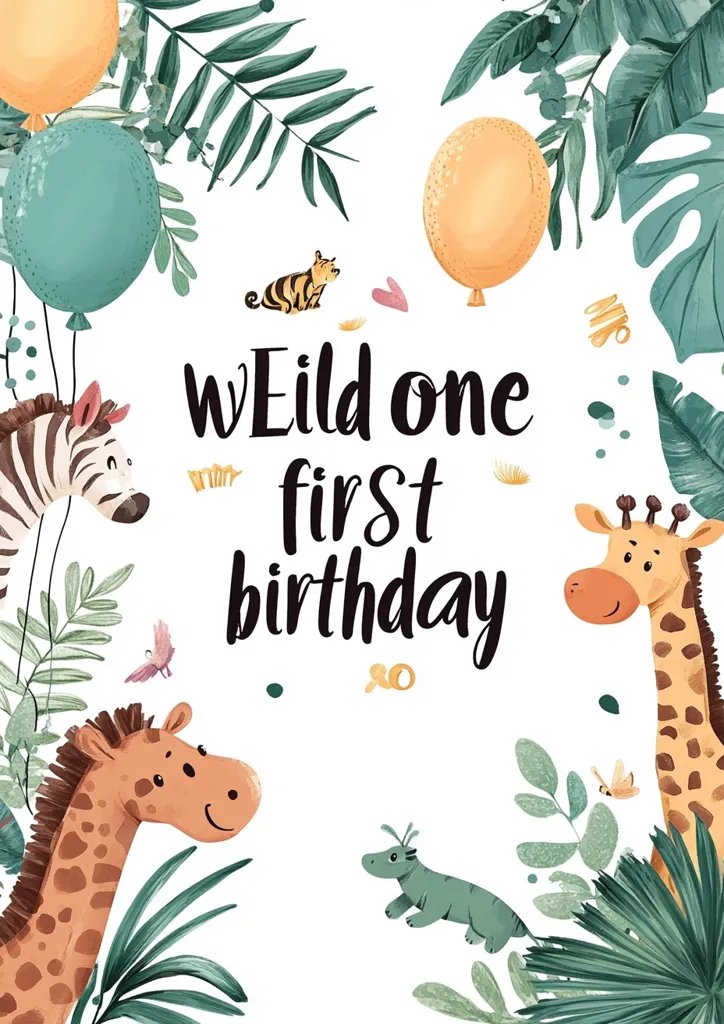 A whimsical first birthday invitation features a jungle theme.  Two giraffes, a zebra, a tiger, and a crocodile are surrounded by tropical leaves and balloons.  The text "Wild One First Birthday" is prominently displayed in elegant script.  Pastel colors and cute animal illustrations create a festive and charming design.