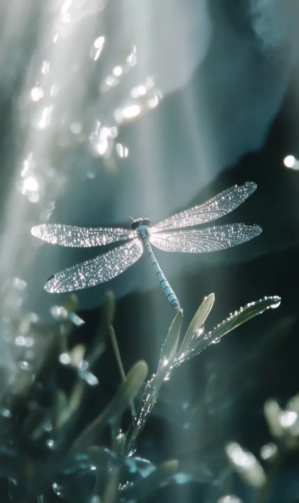 A delicate damselfly, its wings adorned with glistening droplets, rests on a slender, dew-kissed plant.  Sunlight streams through the background, creating a soft, ethereal glow.  The scene is tranquil and serene, showcasing the beauty of nature's details in a misty, dreamlike ambiance. The damselfly's pale blue body contrasts beautifully against the verdant foliage.