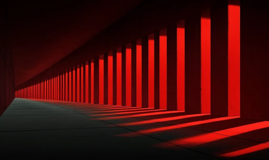 A long, dimly lit corridor is lined with tall, red pillars.  The pillars cast long shadows on the dark gray floor, creating a striking contrast of light and shadow. The perspective draws the eye down the length of the corridor towards a vanishing point in the distance, emphasizing the architecture's linearity and the intense red hue. The overall atmosphere is stark, dramatic, and somewhat ominous.