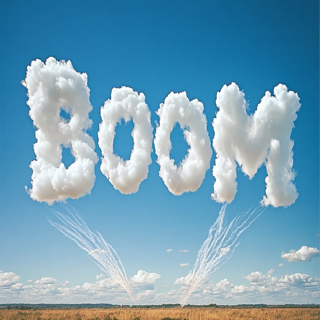 Against a vibrant blue sky, fluffy white clouds form the word "BOOM."  Two contrails from jets ascend from either side of the cloud lettering, mirroring each other towards the sky. Below, a golden field stretches to the horizon under a partly cloudy sky, creating a dramatic and whimsical scene.