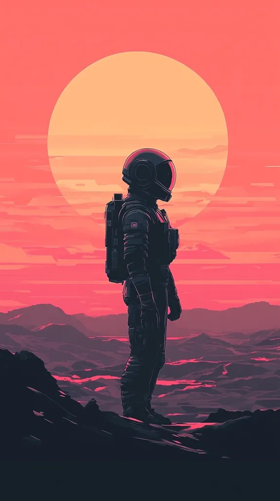 A lone astronaut stands silhouetted against a vibrant, reddish-pink sunset on an alien planet.  The large, orange sun dominates the sky. The astronaut, in a dark spacesuit, faces away from the viewer, gazing out at a rugged, mountainous landscape.  The scene evokes a sense of isolation and exploration in a stark, otherworldly environment.