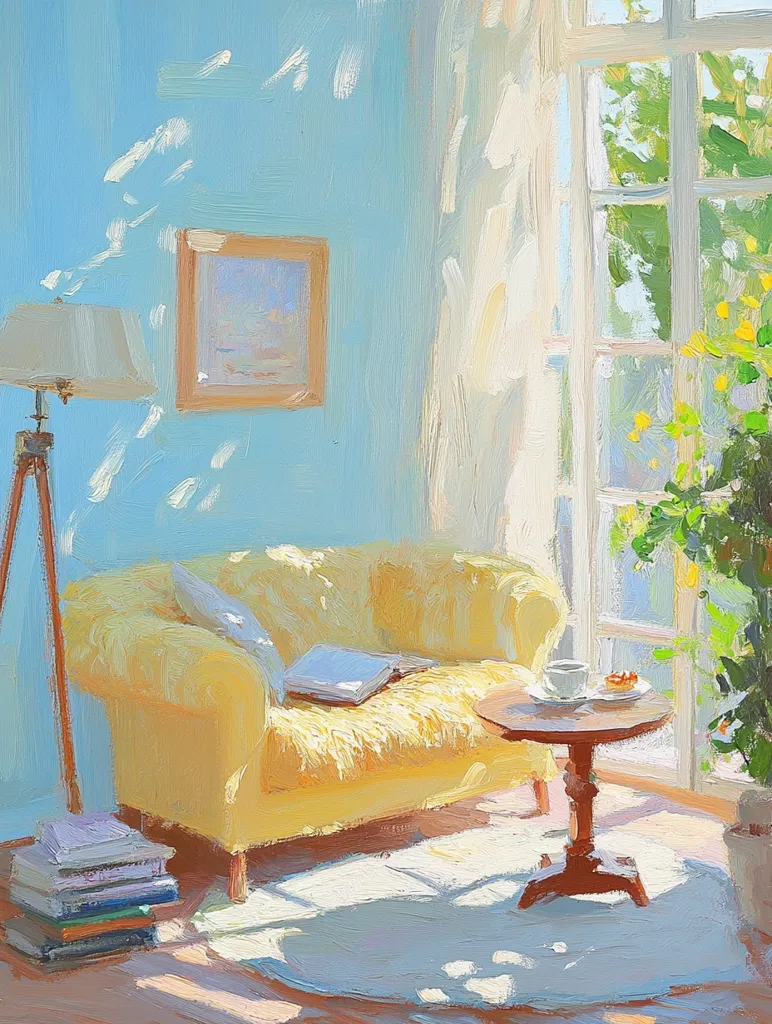 A sunlit room features a pale yellow armchair with a book resting on it. A small round table beside the chair holds a cup and a pastry.  Sunlight streams through a window draped with sheer curtains, illuminating a stack of books and a floor rug.  The walls are a soft blue, complemented by a framed picture and a tripod lamp. A potted plant adds a touch of green to the bright, peaceful scene.