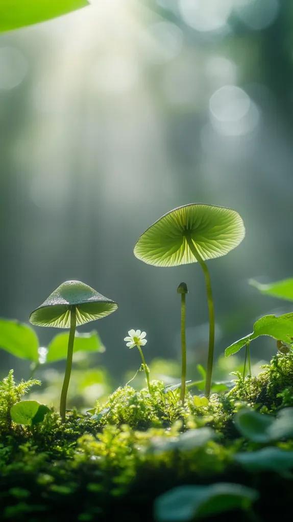 Two delicate, pale green mushrooms emerge from a bed of vibrant moss, bathed in soft sunlight.  A tiny white flower nestles between them, adding a touch of contrast.  The background is a blurred tapestry of green, suggesting a lush forest environment. The scene is serene and evokes a sense of natural beauty and tranquility.
