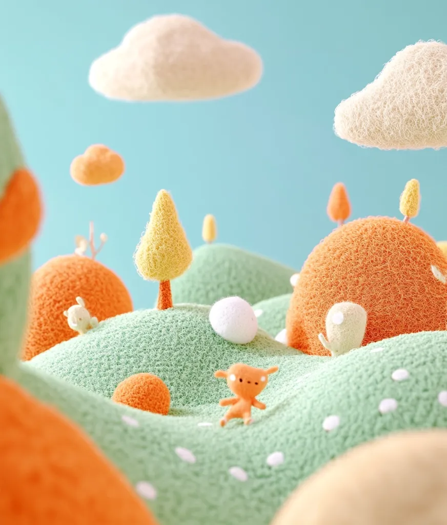 A whimsical 3D rendering depicts a fluffy, pastel landscape.  Soft, textured hills in shades of green and orange are dotted with small, stylized trees and animals.  Clouds float in a light blue sky above. The scene evokes a feeling of childlike wonder and gentle serenity.  A small orange creature sits on a green hill, adding to the charming, playful atmosphere.