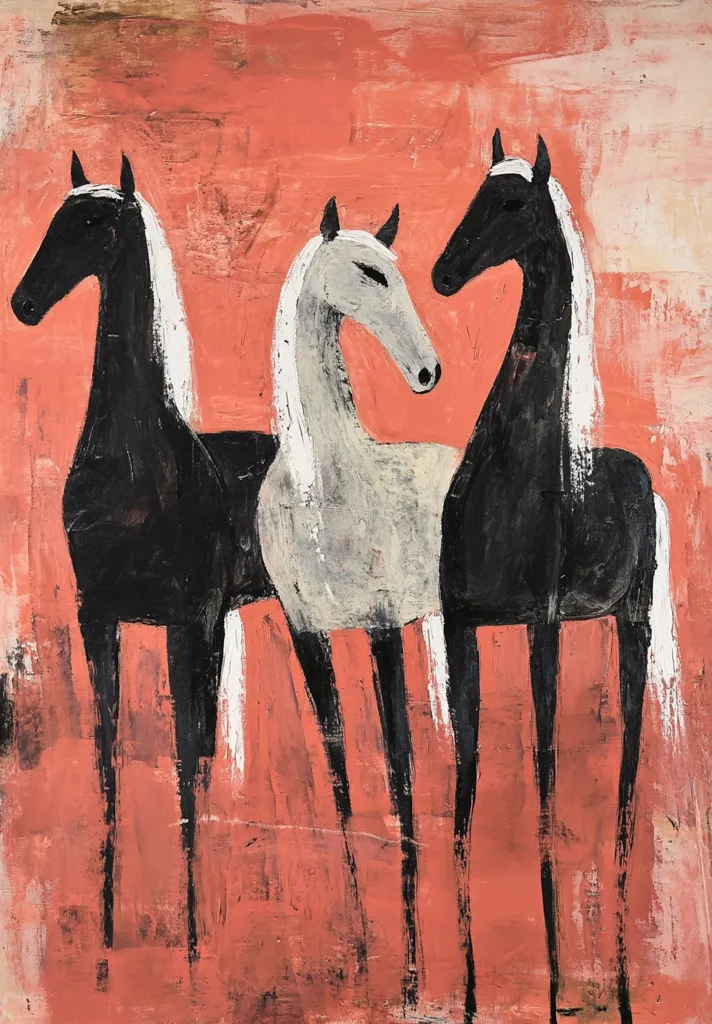 A stylized painting depicts three horses against a coral-colored background.  Two black horses flank a light gray horse in the center.  The horses are rendered with bold, simplified forms and textured brushstrokes, creating a naive or folk art aesthetic. Their long manes are rendered in white. The overall style is expressive and slightly abstract.