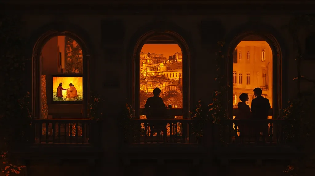 Silhouetted figures are seen on a dimly lit balcony at night, framed by three arched windows. One person sits alone, gazing at a cityscape bathed in warm, orange light visible through a central window.  A couple stands in another window, their backs to the viewer, looking out onto a different city scene. A painting of two figures hangs on the wall, adding a layer of depth to the composition. The overall mood is contemplative and atmospheric.
