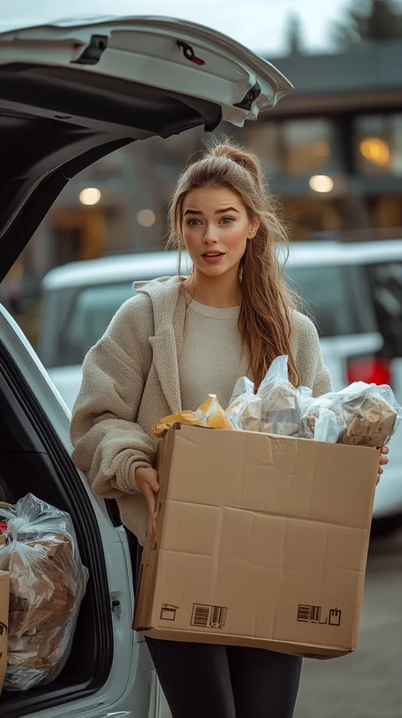 A young woman with long brown hair tied in a ponytail stands by the open trunk of a white car. She's wearing a beige fleece jacket and a light-colored top.  She holds a large cardboard box filled with grocery bags, appearing slightly overwhelmed by the weight. The setting suggests a grocery store parking lot or residential area.  The overall mood is casual and slightly stressful.