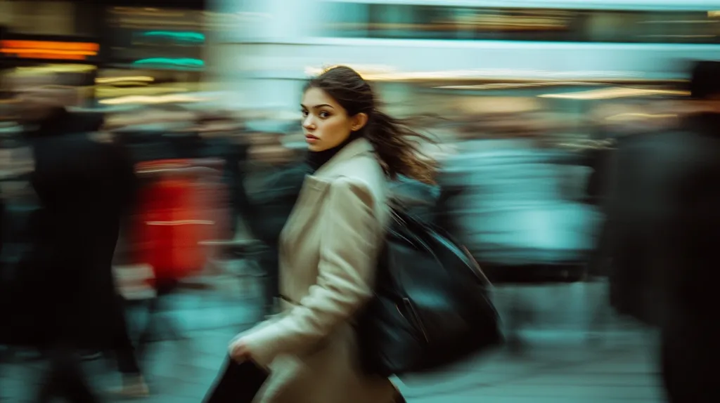 A young woman with shoulder-length brown hair walks purposefully through a bustling city street.  She wears a beige coat and carries a black backpack. The background is a blur of motion, suggesting a fast-paced urban environment. The image has a moody, cinematic feel, emphasizing the woman's focused expression amidst the anonymity of the crowd.