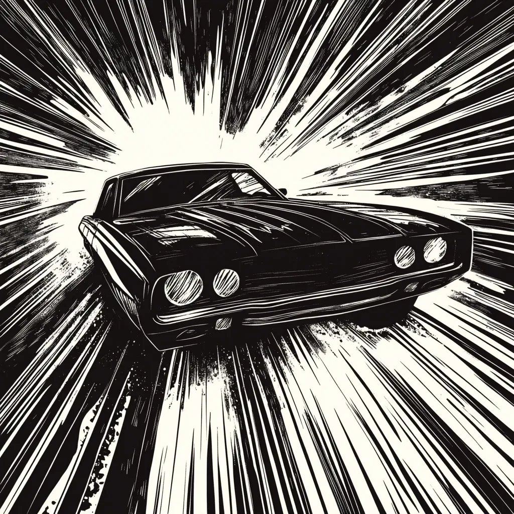 A black and white illustration depicts a classic muscle car speeding towards the viewer.  The car is rendered in a bold, graphic style, with strong lines and contrasting black and white tones. The background features dynamic speed lines radiating outwards, creating a sense of motion and energy. The overall style evokes the feeling of a comic book or vintage poster.