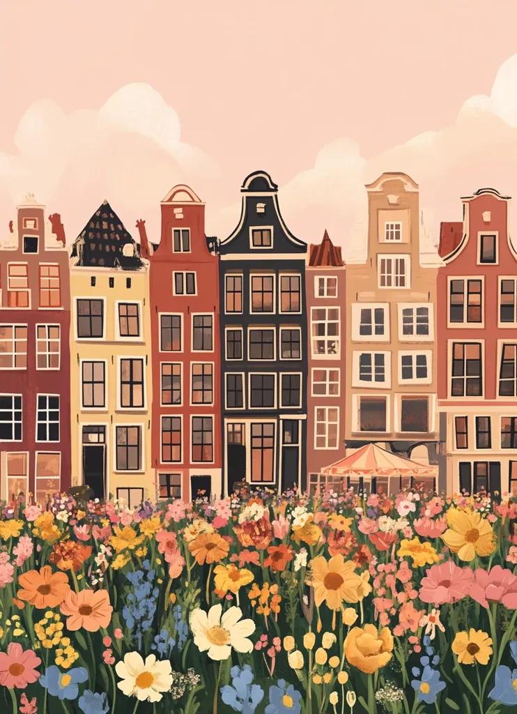 A vibrant illustration depicts a row of charming canal houses in Amsterdam, Netherlands.  The buildings, in varying shades of red, brown, and beige, are lined up neatly.  In the foreground, a profusion of colorful wildflowers creates a stunning contrast against the architectural backdrop, under a soft, pastel sky. The overall style is whimsical and idyllic.