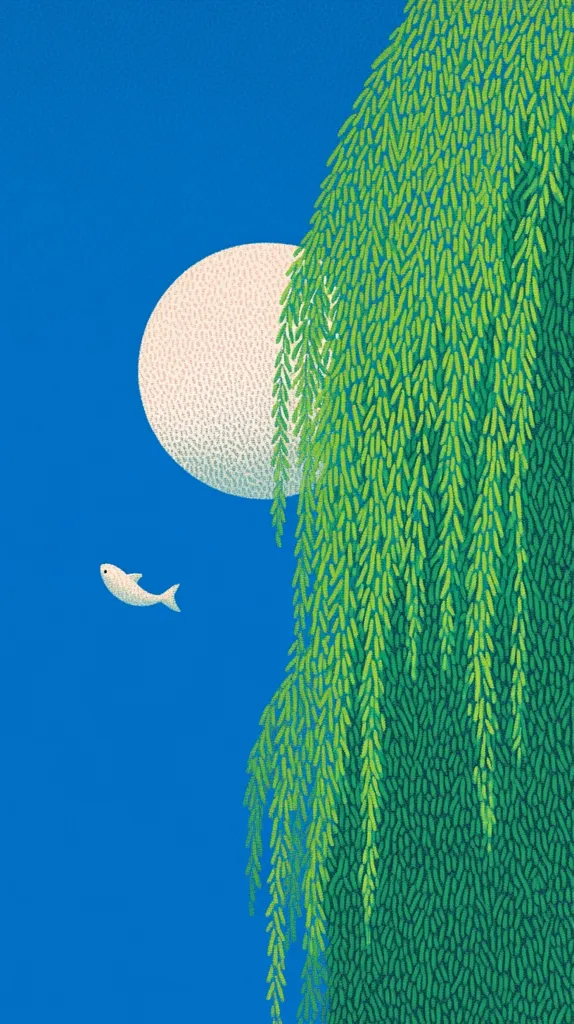 A vibrant illustration features a large, off-white moon against a bright blue sky.  To the right, a weeping willow tree with lush, green leaves hangs down. A small, white fish swims to the left, creating a serene and peaceful scene. The style is pointillist, with small dots of color forming the image.
