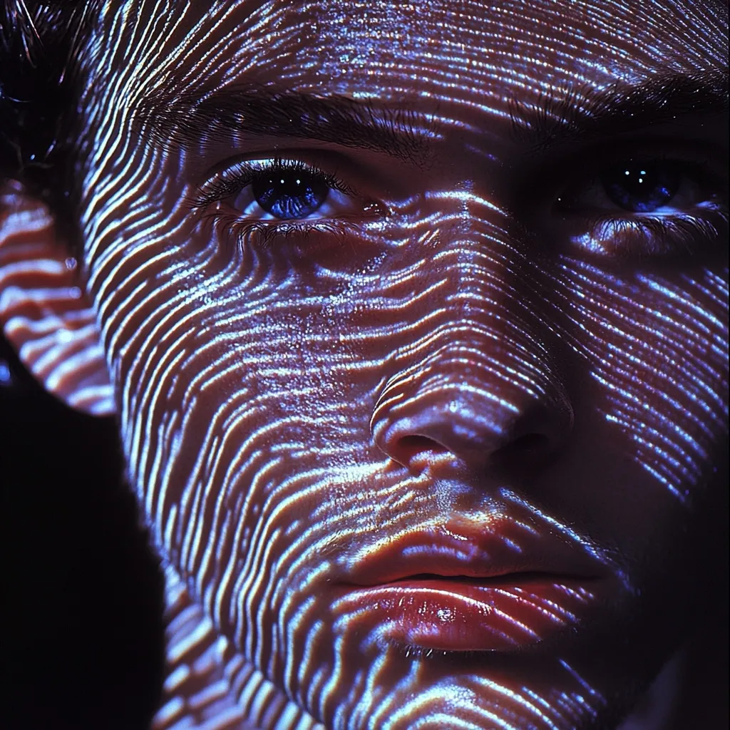 Close-up of a man's face, illuminated by a projected pattern of wavy, luminous lines.  The lines create a mesmerizing effect, overlaying his features – eyes, nose, and mouth – which remain subtly visible beneath the light display.  The overall tone is dark and moody, with the light drawing attention to the intricate texture of the projected pattern and the man's skin.