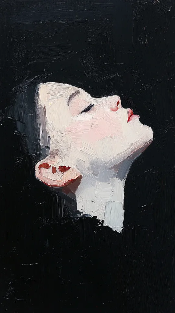 A close-up oil painting depicts a woman's face, tilted back, eyes closed, against a stark black background.  Her skin is rendered in pale whites and creams with visible brushstrokes, contrasting with the dark, textured backdrop.  The style is impasto, emphasizing texture and form. Red lips and subtly defined features add a touch of color to the otherwise monochromatic palette. The overall effect is one of serenity and contemplation.