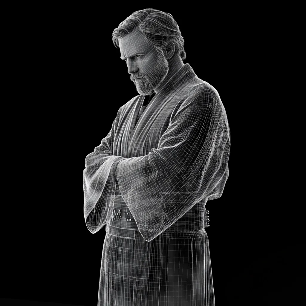 A wireframe rendering of Obi-Wan Kenobi, a Jedi Master from Star Wars, is presented against a black backdrop.  His arms are crossed, and he is depicted in his iconic Jedi robes, appearing contemplative or serious.  The wireframe style showcases the detailed modeling of his clothing and features, offering a technical, almost sculptural view of the character.