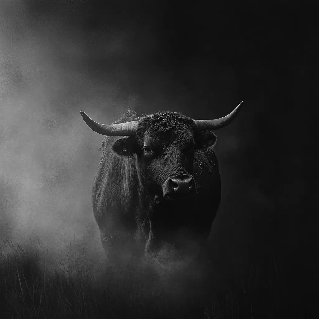 A majestic black bull, its horns curving majestically, stands amidst a hazy, dark landscape.  The monochromatic image emphasizes the bull's powerful presence and dark coat, creating a dramatic and somewhat ominous atmosphere. Dust or mist swirls around its legs, adding to the mysterious mood. The bull's gaze is intense, directly confronting the viewer.