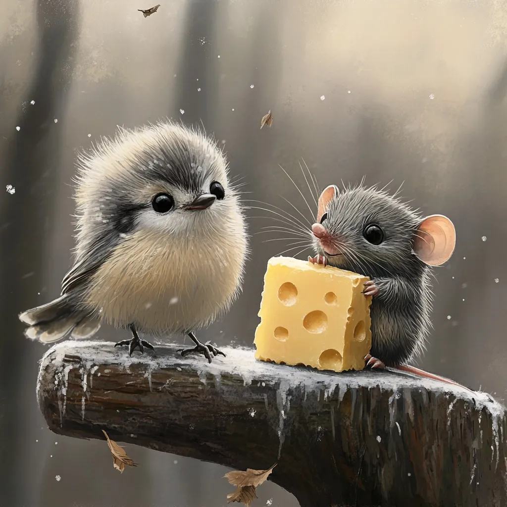 A fluffy grey bird and a tiny grey mouse share a piece of cheese on a snow-covered branch.  The scene is softly lit, suggesting a winter setting with falling snow.  Both animals appear friendly and curious, creating a charming and heartwarming image.  The style is digitally painted, with a focus on soft textures and details.