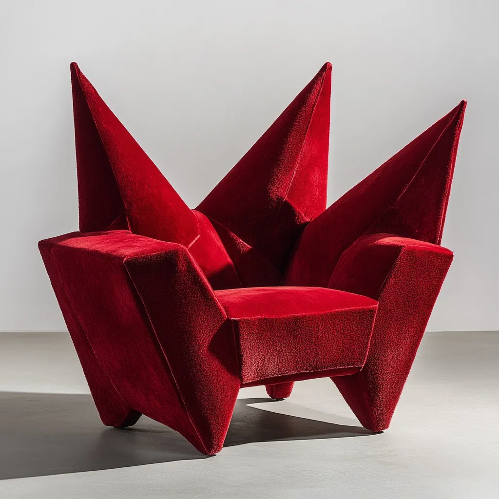 A striking crimson armchair commands attention.  Its unique design features sharp, angular points, resembling a stylized star or multifaceted gem.  The rich, textured velvet upholstery adds a luxurious feel, contrasting with the chair's bold geometric form.  The piece is a statement of modern design, both sculptural and functional.