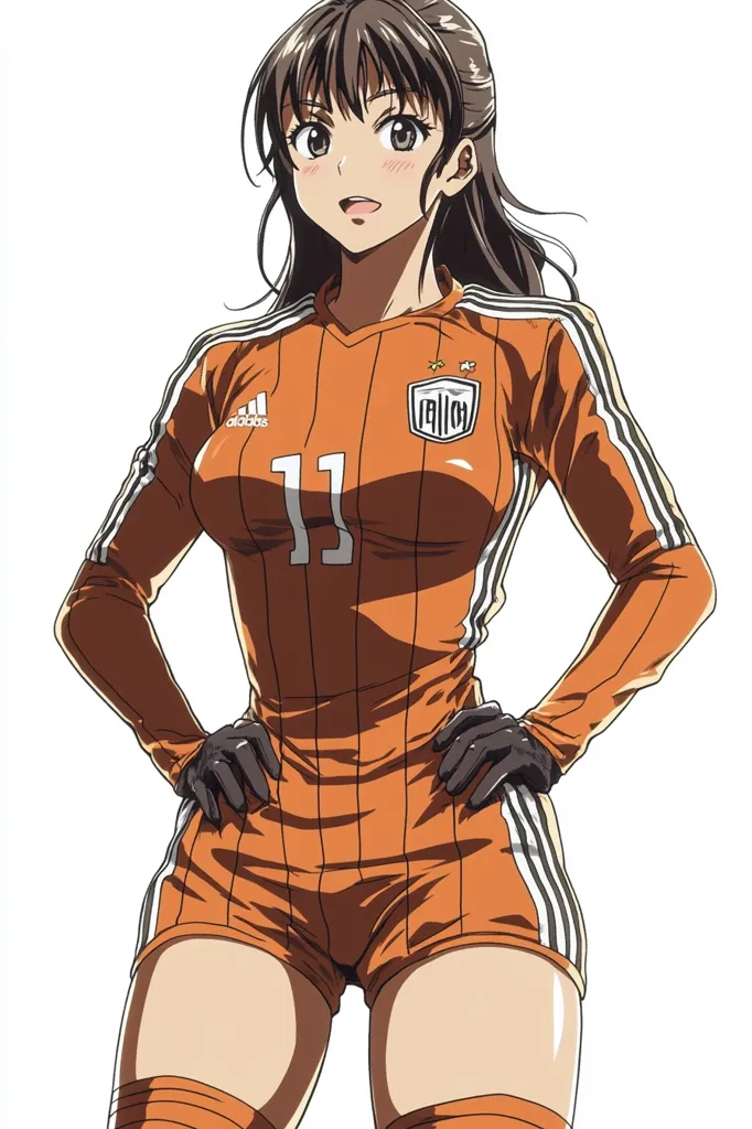 An anime-style female soccer player is depicted in a close-up shot.  She's wearing an orange Adidas jersey with the number 11, black gloves, and matching shorts.  Her brown hair is pulled back, and she has a confident expression. The image is clean and well-lit, focusing on the character's athletic attire and pose.  Her expression is friendly and approachable.
