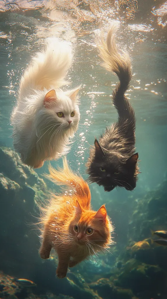 Three cats of different colors – white, black, and orange – gracefully swim underwater.  Sunlight filters through the water, illuminating the felines and creating a magical, ethereal scene.  The cats appear calm and comfortable in their aquatic environment, their fur flowing gently around them.  The image is a captivating blend of realism and fantasy.