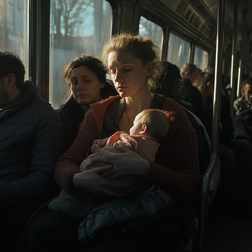 A young woman sits on a public bus, cradling a sleeping infant in her arms.  Sunlight streams through the windows, illuminating her and the baby.  Another woman sits beside her, appearing tired. The bus is crowded with other passengers, mostly obscured in shadow. The overall atmosphere is one of quiet weariness and everyday life.