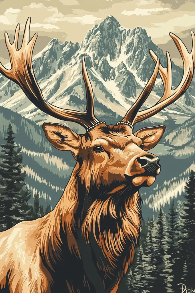 A majestic elk stands proudly against a backdrop of a snow-capped mountain range and a dense evergreen forest.  Its large antlers are prominently displayed, and its fur is richly detailed. The artwork utilizes a stylized, almost vintage, color palette, creating a serene and awe-inspiring image of wildlife in its natural habitat.  The overall impression is one of peaceful wilderness.