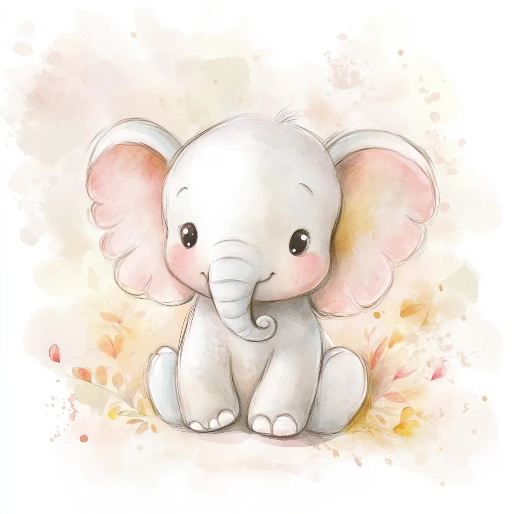 An adorable baby elephant, rendered in a watercolor style, sits amidst delicate autumnal foliage.  Its large, pink ears and expressive eyes create a charming and endearing image. The soft color palette and gentle background enhance the overall sweetness of the illustration.  The elephant's pose is relaxed and peaceful, conveying a sense of calm.